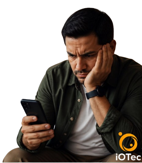 Persona estresada intentando hacer un trámite desde el celular